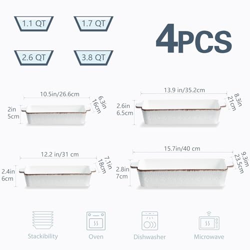 ONEMORE Casserole Dishes for Oven, Ceramic Baking Dish Set of 4, Non-Stick Lasagna Pans with Handles, Rectangular Bakeware Set for Cake, Roasting, Broiling, Gratin, Banquet, Microwave & Dishwasher Safe(3.8/2.6/1.7/1.1 Qt) (White 01)