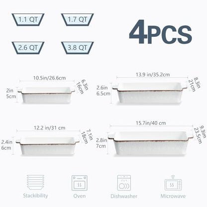 ONEMORE Casserole Dishes for Oven, Ceramic Baking Dish Set of 4, Non-Stick Lasagna Pans with Handles, Rectangular Bakeware Set for Cake, Roasting, Broiling, Gratin, Banquet, Microwave & Dishwasher Safe(3.8/2.6/1.7/1.1 Qt) (White 01)