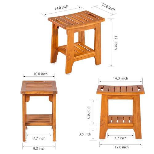 14" Compact Teak Shower Stool with Shelf & Handle - Waterproof, Non-Slip Bath Bench for Small Bathrooms/Tub/Outdoor Use, 300 lbs Capacity (Patented)