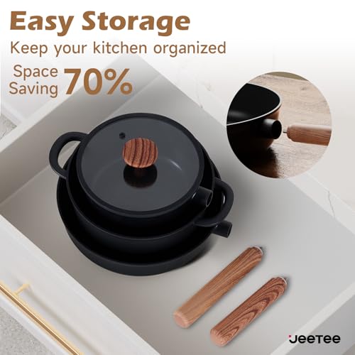JEETEE Ceramic Cookware Sets 17 pcs, Healthy Pots and Pans Set Non Stick, Induction Kitchen Cooking Set with Removable Handles, Stackable Pots Pans, Oven Safe, PFOA/PFOS Free, Black