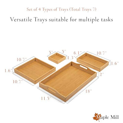 MAPLE MILL - Wooden Tray with Handle - Set of 7 Bamboo Trays for Serving Food - for Breakfast in Bedroom, at Dinner or Coffee Table - Decorative Bamboo Tray