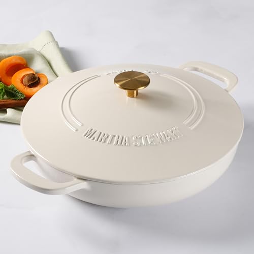 Martha Stewart Gatwick 3.5-Quart Enameled Cast Iron Dutch Oven Braiser – Linen with Gold Knob – Durable Heavy-Duty Braising Pot for Slow Cooking and Searing