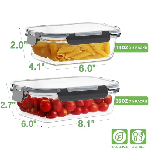 HOMBERKING 10 Pack Borosilicate Glass Meal Prep Containers with Locking Lids, Glass Food Storage Containers Set, Airtight Lunch Bento Boxes, BPA-Free & Leak Proof, 36oz & 14oz, Freezer, Oven Safe