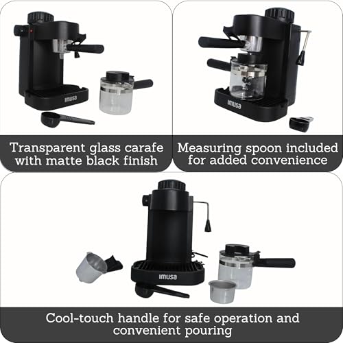 IMUSA Electric Espresso Cappuccino Maker 4 Cup Capacity with Milk Frother Black Coffee Machine for Home Barista Experience
