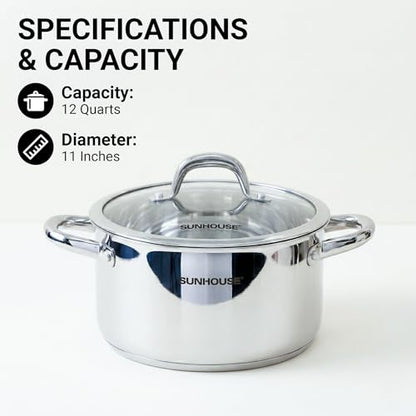 SUNHOUSE Whole-Clad 12-Quart Stainless Steel Stock Pot with Lid - Professional Whole Body Clad Stock Pot - Induction Ready, Oven Safe Dishwasher Safe Cooking Pot