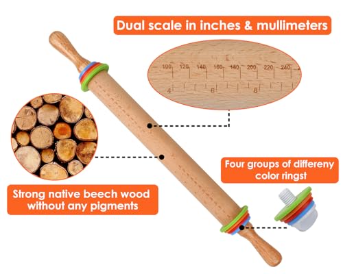 Victhur Rolling Pin with 4 Adjustable Thickness Rings and Long Handle 13.6 Inch Wooden Dough Roller for Baking, Dough, Cookie, Cake, Fondant, Pizza and Pie Crust