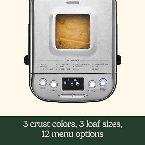 Cuisinart Bread Maker Machine, Stainless Steel Automatic Bread Machine with 12 Menu Options, 3 Loaf Sizes up to 2 Lb., 3 Crust Colors, Removable Nonstick Baking Pan & Kneading Paddle, CBK-110NAS