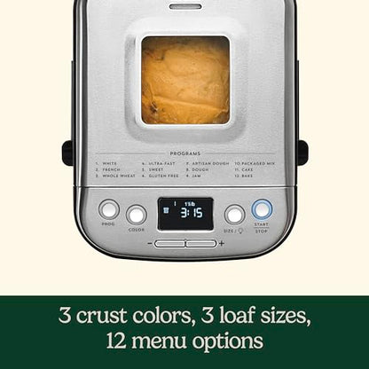 Cuisinart Bread Maker Machine, Stainless Steel Automatic Bread Machine with 12 Menu Options, 3 Loaf Sizes up to 2 Lb., 3 Crust Colors, Removable Nonstick Baking Pan & Kneading Paddle, CBK-110NAS