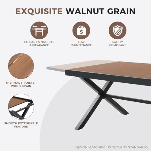 Grand patio 9-Piece Outdoor Dining Set, 8 Leather-Look Wicker Swivel Patio Chairs & 1 Extendable Rectangular Dining Table, Brown