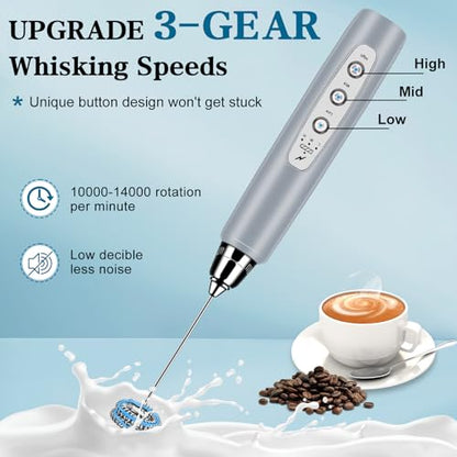 BSRGMS Milk Frother Handheld for Coffee, Electric Whisk 3 Speed Adjustable, Drink Mixer with Stainless 3 Whisks, Rechargeable Hand Frother Wand, Foam Maker for Latte Cappuccino Hot Chocolate Egg