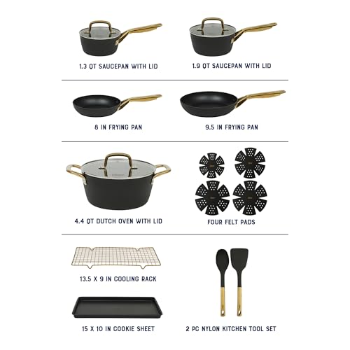 Oster Platinum Abbottsford 16 Piece Aluminum Pots and Pans PFA Free Ceramic Non stick Induction Kitchen Cookware Set - Black W/Gold