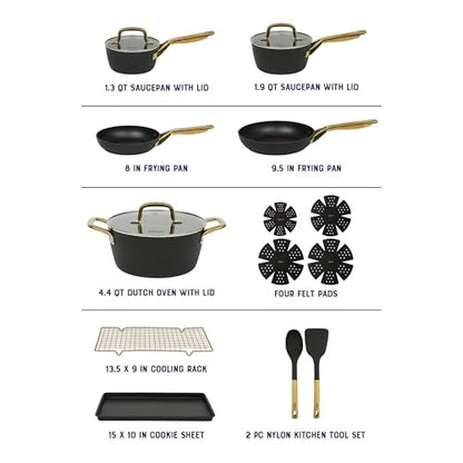 Oster Platinum Abbottsford 16 Piece Aluminum Pots and Pans PFA Free Ceramic Non stick Induction Kitchen Cookware Set - Black W/Gold