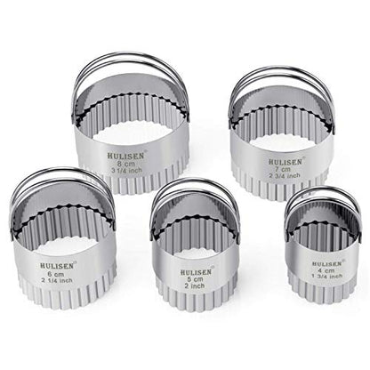 HULISEN Biscuit Cutter Set (5 Pieces/Set), Stainless Steel Round Biscuit Cutters with Handle, Wave Cookies Cutter with Fluted Edge, Professional Baking Dough Tools, Gift Package (Wave)
