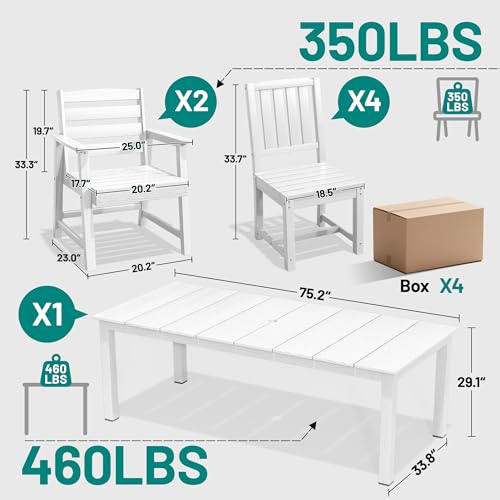 PLUUV 7-Piece Outdoor Patio Dining Set, All-Weather HDPE Dining Furniture Set with Umbrella Hole Cut-Out Table, Aluminum Table Legs, and 6 Chairs, Waterproof & Easy Clean for Backyard, Garden, White