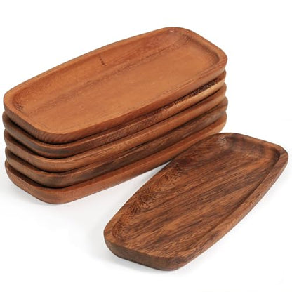 MeowAroma Mini Wooden Serving Platters and Trays, 7-inch Solid Acacia Wood Serving Plates for Food/Snacks/Appetizer, also as Jewelry Trays, Mini Charcuterie Board and Cheese Platter, Reusable (6 PCS)