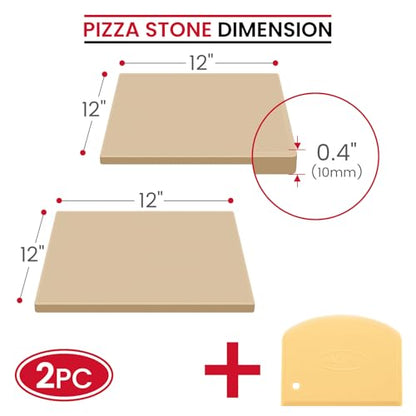 Unicook 2 PCS Pizza Stones Set, 12 Inch Square Pizza Stone for Oven and Grill, Cordierite Baking Pan for Crispy Crusts, Thermal Shock Resistant, Including Dough Scraper
