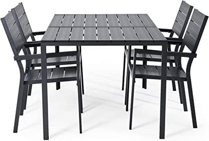AECOJOY 7 Piece Outdoor Dining Set, 60" x 36" Aluminum Patio Table and Chairs Set for 6 with Rectangular Table and Stackable Chairs for Garden, Backyard, Black