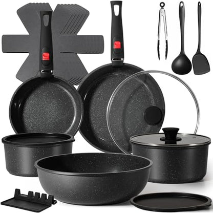 USELUCK 21Pcs Ceramic Pots and Pans Set Non Stick, Kitchen Cookware Set with Detachable Handles, Non Toxic Healthy Cooking Set, Induction Dishwasher Oven Safe, PTFE PFOA PFOS Free, Black