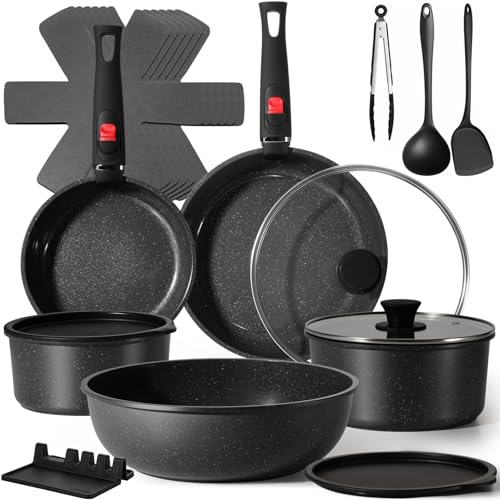 USELUCK 21Pcs Ceramic Pots and Pans Set Non Stick, Kitchen Cookware Set with Detachable Handles, Non Toxic Healthy Cooking Set, Induction Dishwasher Oven Safe, PTFE PFOA PFOS Free, Black