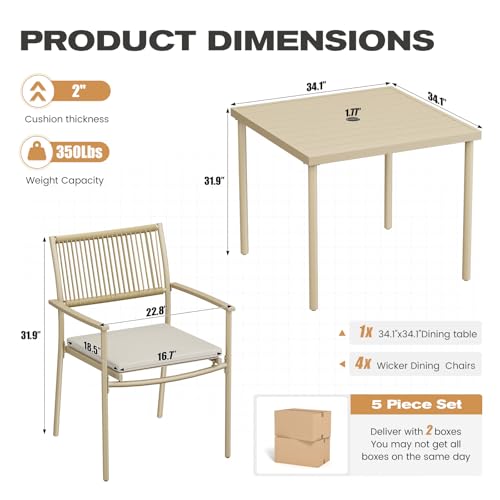 5-Piece Outdoor Dining Set for 4, Rectangle Expandable Table with Umbrella Hole, 4 Wicker Rattan Chairs with Soft Cushion,Patio Dining Set, Conversation Set for Backyard, Garden & Poolside, Beige