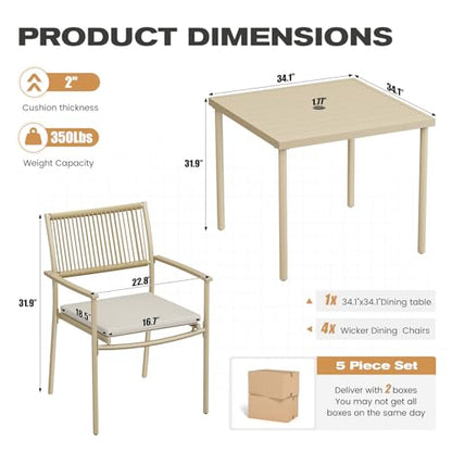 5-Piece Outdoor Dining Set for 4, Rectangle Expandable Table with Umbrella Hole, 4 Wicker Rattan Chairs with Soft Cushion,Patio Dining Set, Conversation Set for Backyard, Garden & Poolside, Beige