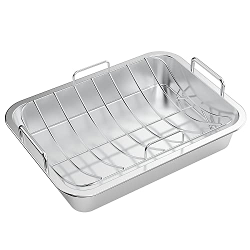 Onlyfire Roasting Pan with U-Rack - Stainless Steel Barbecue Bakeware Roaster, 16 Inch Rectangular Turkey Roaster Lasagna Pan for Roasting Turkey, Chicken, Meat & Vegetables, Oven Safe