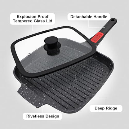 RANX INGST Griddle Pan with Lid, 10 Inch Cast Aluminium Non Stick Grill Pan with Detachable Handle for Induction Hob, Black
