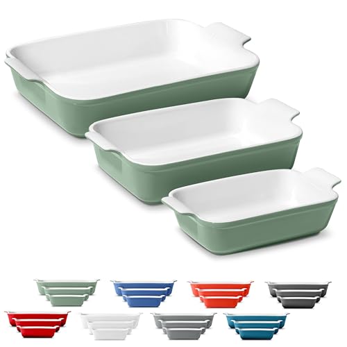 ROSSALLINI Stoneware Casserole Dish Bakeware Set of 3 | Rectangular Dinnerware Set with Handles [Sage Green]