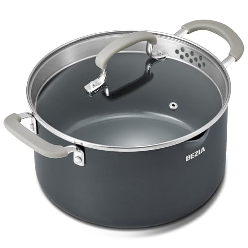 6 Quart Nonstick Stock Pot with Lid, BEZIA PFAS-Free Ceramic Soup Pot, Multipurpose Pasta Pot with Strainer Lid, Induction Cooking Pot, Silicone Handle, Compatible with All Cooktops, Dishwasher Safe