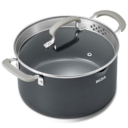 6 Quart Nonstick Stock Pot with Lid, BEZIA PFAS-Free Ceramic Soup Pot, Multipurpose Pasta Pot with Strainer Lid, Induction Cooking Pot, Silicone Handle, Compatible with All Cooktops, Dishwasher Safe