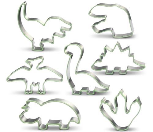 LUBTOSMN New 7 Piece Dinosaur Cookie Cutters Set with Silicone Protective Rim, Dishwasher Safe Stainless Steel Cookie Cutters for Cookies, Fondant, Sandwiches, Biscuits, Pancakes and Pastries