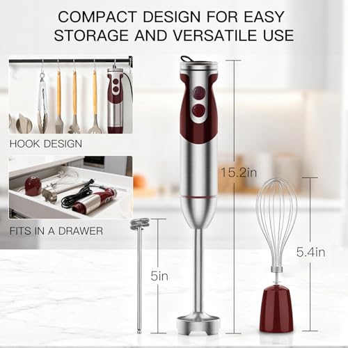MEGAWISE 3-in-1 Immersion Hand Blender, 800W 12-Speed Stick Blender with Turbo, Egg Whisk & Milk Frother for Soups, Smoothies, Sauces and Baby Food, Red