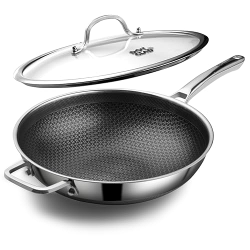 DOTCLAD Wok pan,Hybrid 13 inch Wok with Lid, PFOA Free Cookware,non stick Stainless Steel Woks & Stir-fry pans Nonstick, Dishwasher and Oven Safe, Works on Induction