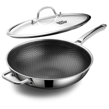 DOTCLAD Wok pan,Hybrid 13 inch Wok with Lid, PFOA Free Cookware,non stick Stainless Steel Woks & Stir-fry pans Nonstick, Dishwasher and Oven Safe, Works on Induction