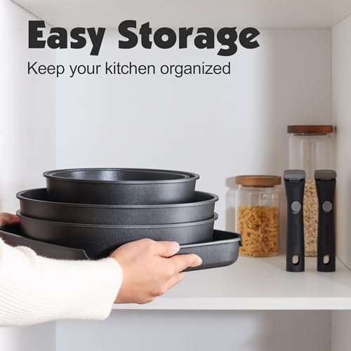 SENSARTE 17 Piece Pots and Pans Set, Nonstick Detachable Handle Cookware Set, Induction Kitchen Cookware Set with Removable Handle, Healthy Non Stick for RV, Dishwasher ＆ Oven Safe, PFOA Free (Black)