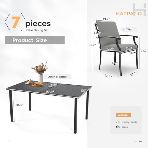 HAPPATIO 7-Piece Patio Dining Set, Outdoor Dining Set with Powder-Coated Metal,Dining Table with Umbrella Hole, 6 Stackable Chairs with Removable Cushions for Porch Poolside Garden,Grey