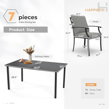HAPPATIO 7-Piece Patio Dining Set, Outdoor Dining Set with Powder-Coated Metal,Dining Table with Umbrella Hole, 6 Stackable Chairs with Removable Cushions for Porch Poolside Garden,Grey
