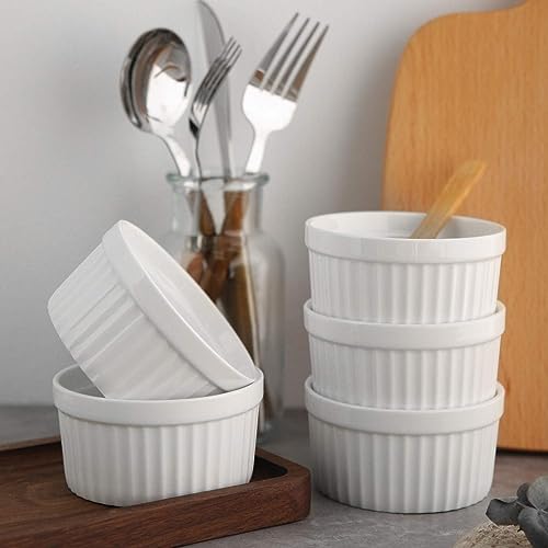 Samsle 6 oz Ramekins Set of 6, Porcelain Ramekins Dishes for Creme Brulee,Souffle, Lava Cakes, Pudding, Custard Cups for Baking and Dipping,Oven Safe, White 3.7 inch