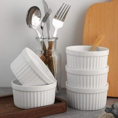 Samsle 6 oz Ramekins Set of 6, Porcelain Ramekins Dishes for Creme Brulee,Souffle, Lava Cakes, Pudding, Custard Cups for Baking and Dipping,Oven Safe, White 3.7 inch