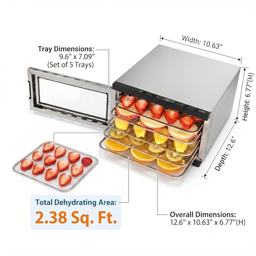 Food Dehydrator Machine - 5 Stainless Steel Trays, Digital Adjustable Timer, 400W, 176°F, Temperature Control, Mini Dryer for Jerky, Herb, Meat, Beef, Fruit and Dog Treats, Model 2015YJ, Silver