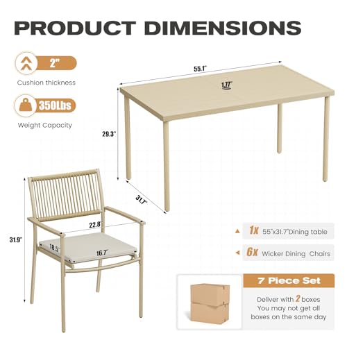 7 Pieces Outdoor Dining Set for 6, 55” Large Steel Dining Table with Umbrella Hole, Wicker Patio Table and Rattan Chairs for Garden/Deck/Yard/Porch, Matte Metal Spray Coating Patio Dining Set,Beige
