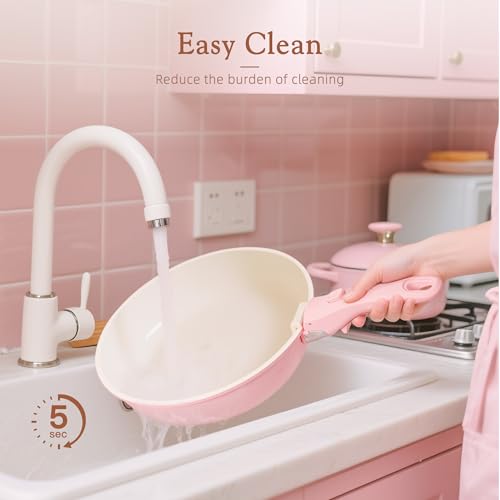 Astercook 21 Pcs Pots and Pans Set Non Stick, Ceramic Cookware Set Detachable Handle, RV Kitchen Cooking Set Removable Handles, Oven Safe, Induction Ready, Stackable, Pink, Mothers Day Gifts