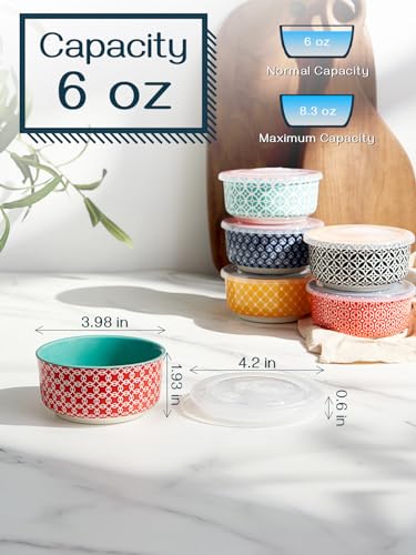 DOWAN 6 oz Ramekins with Lids Oven Safe for Creme Brulee Souffle, Ceramic Custard Cups for Baking, Small Bowls for Pudding Dip Ice Cream, Set of 6, Vibrant Colors