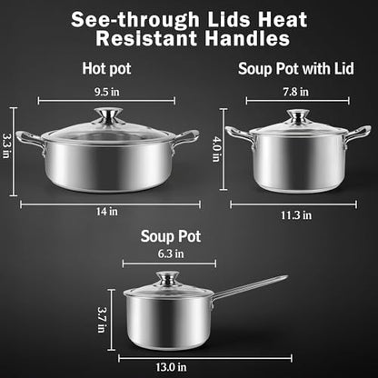 ASKSCICI 6-Piece Stainless Steel Cookware Set, Induction Pots and Pans Set with Glass Lids, Non-Toxic Kitchen Set for Gas/Electric/Induction, Oven & Dishwasher Safe