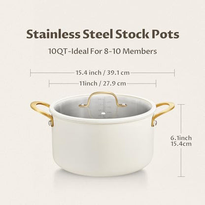 BEZIA 10 Quart Stainless Steel Stock Pot with Lid, Large Soup Pot for Batch Cooking & Entertaining, Induction Ready with See-Through Lid, Dishwasher Safe