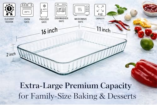 Ums 4-Qt (16" x 11" x 2") Glass Baking Dishes for Oven, Glass Oven Pan & Tray Bakeware, Borosilicate Glass Casserole Dish Cookware, Microwave & Oven-Safe Clear Bakeware