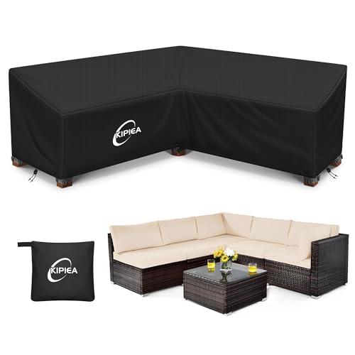Kipiea Patio V-Shaped Sectional Sofa Cover, 420D Heavy-Duty Oxford Fabric Outdoor Sectional Cover with 6 Windproof Buckles, Anti UV and No Tears, No Fading (85"/85" L x 33.5" D x 31" H) Black