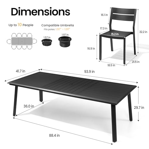PATIOHIT 11-Piece Aluminum Outdoor Dining Set, 94" Extra Large Rectangular Patio Table and Stackable Armless Chairs Rust Proof Furniture for Family Gatherings BBQs Parties, Black