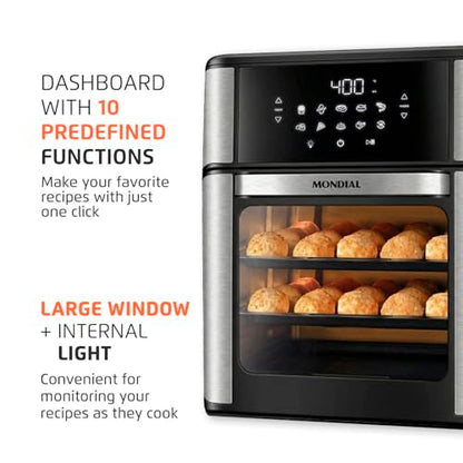 Air Fryer Oven 1800W, 12.7QT Capacity, Touchscreen Panel, Automatic Shut-Off, Toaster + Airfryer – Black & Stainless Steel – Mondial