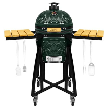 London Sunshine 15-inch Ceramic Kamado Charcoal BBQ Grill & Smoker with Locking Casters, Foldable Side Shelves, Stainless Steel Grates, and Tall Stand (Green)